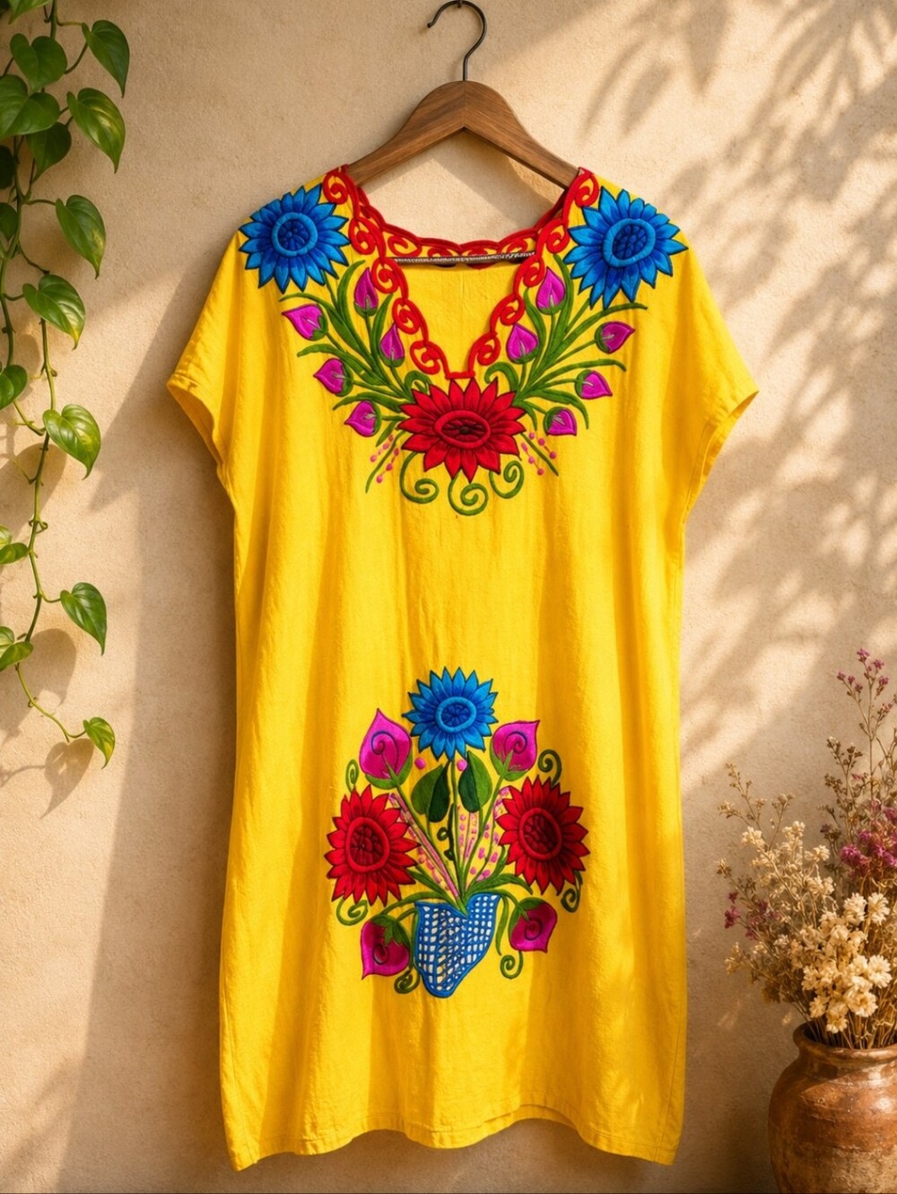 Unique Vintage Yellow Floral Midi Dress